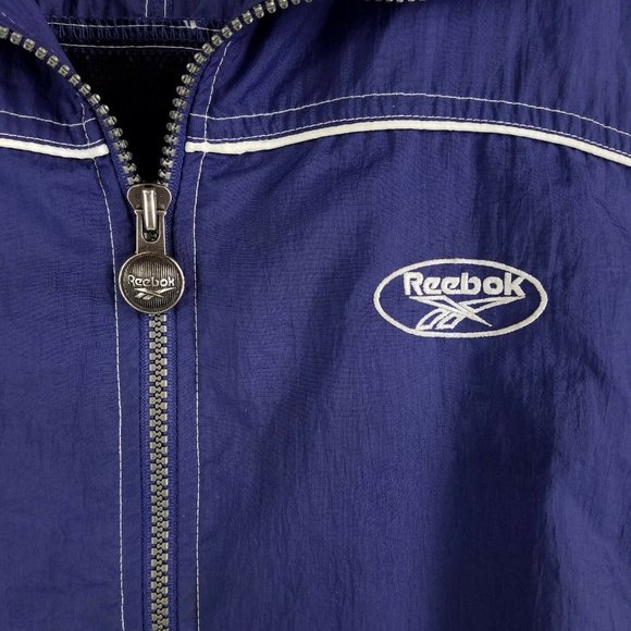 Vtg Reebok Spell Out Blue White Long Parka Nylon Windbreaker Jacket Mens Large - Picture 2 of 6